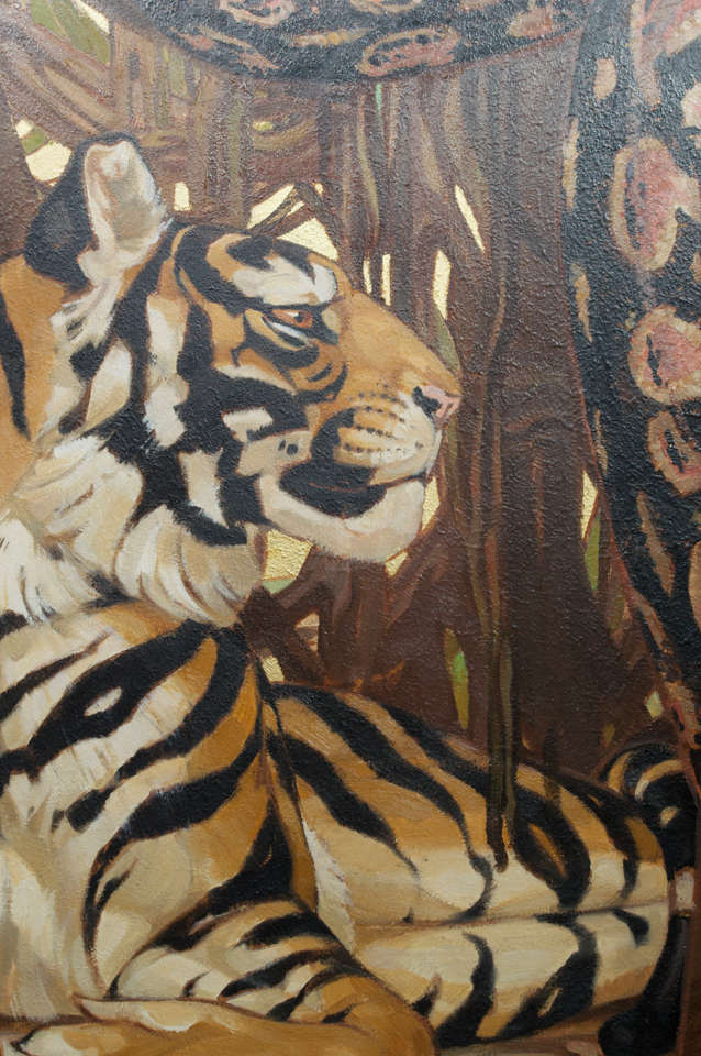French Art Deco Period Oil on Board of a Bengal Tiger and a Python