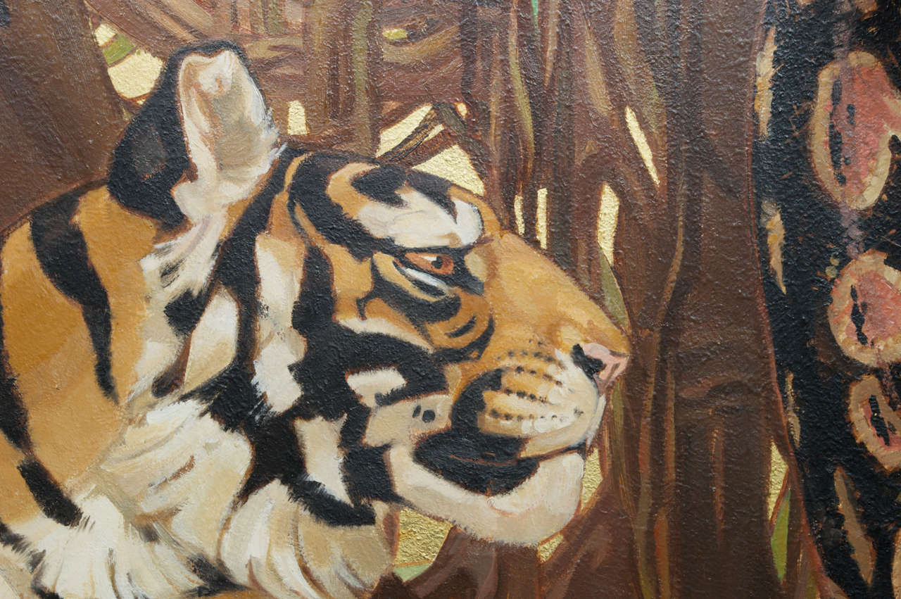 Art Deco Period Oil on Board of a Bengal Tiger and a Python In Excellent Condition In Petaluma, CA