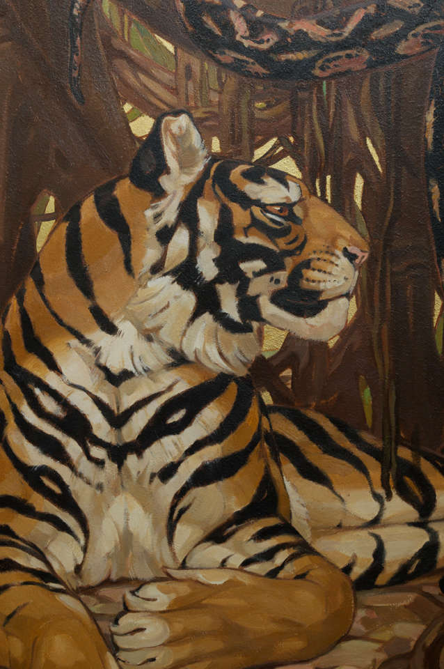 Mid-20th Century Art Deco Period Oil on Board of a Bengal Tiger and a Python