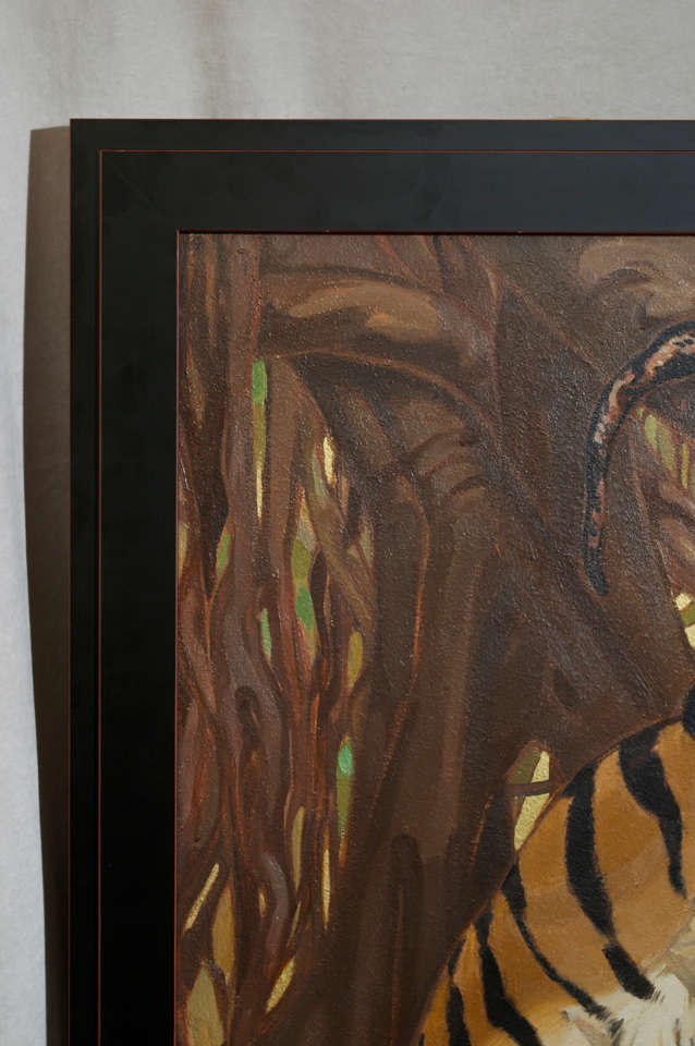 Wood Art Deco Period Oil on Board of a Bengal Tiger and a Python
