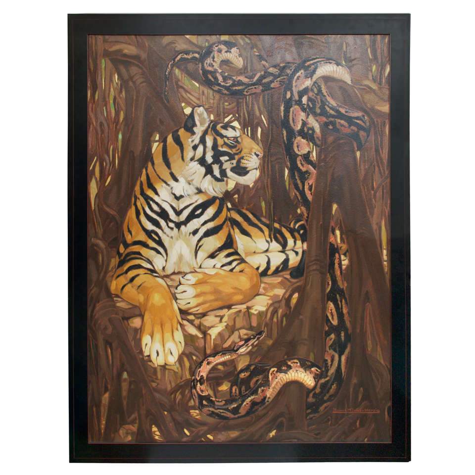 Art Deco Period Oil on Board of a Bengal Tiger and a Python