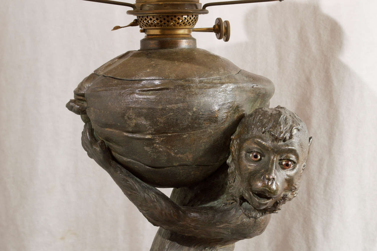 Victorian Kerosene Lamp with Monkey and Coconut