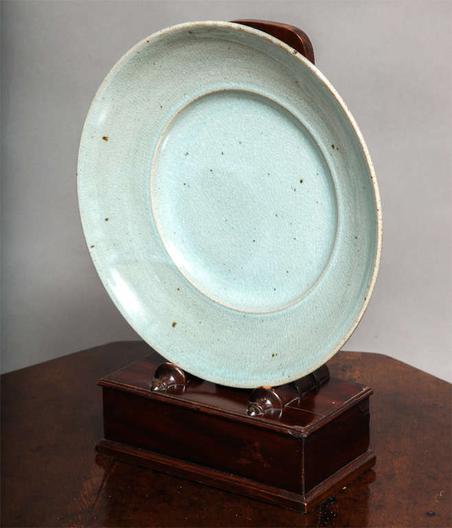 English contemporary studio pottery ribbed celadon vase and large charger with beautiful blue green and gray glaze by Andrew Crouch who studied at Shrewsbury School of Art and Bath Academy of Art, and works in Shropshire.
The makers mark impressed
