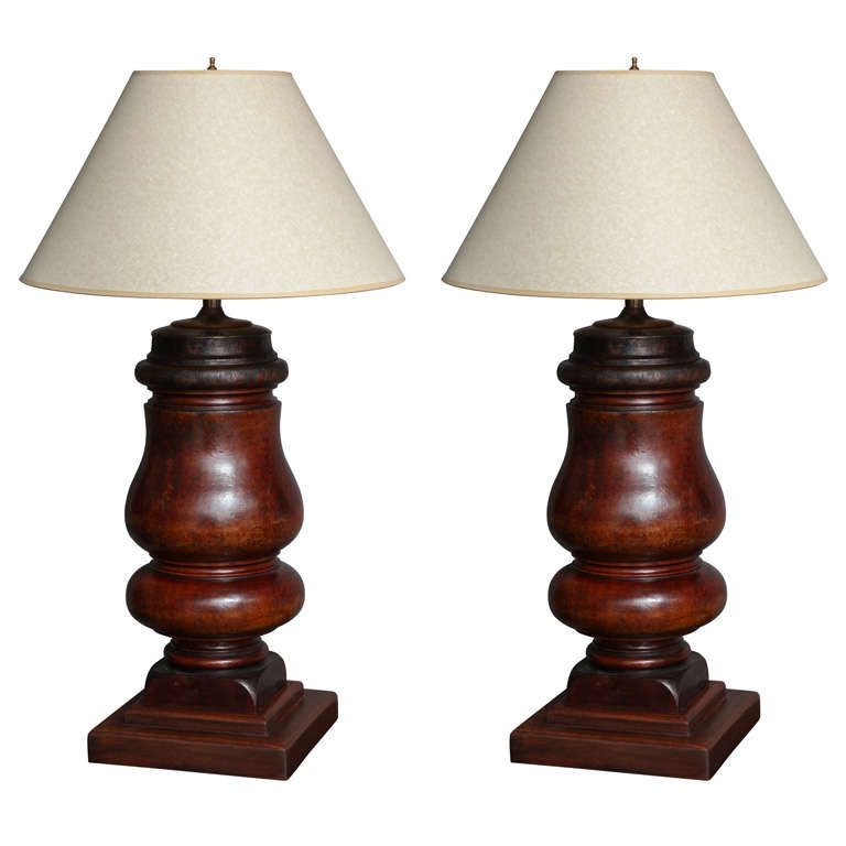 Pair of 19th Century Solid Mahogany Turnings as Lamps