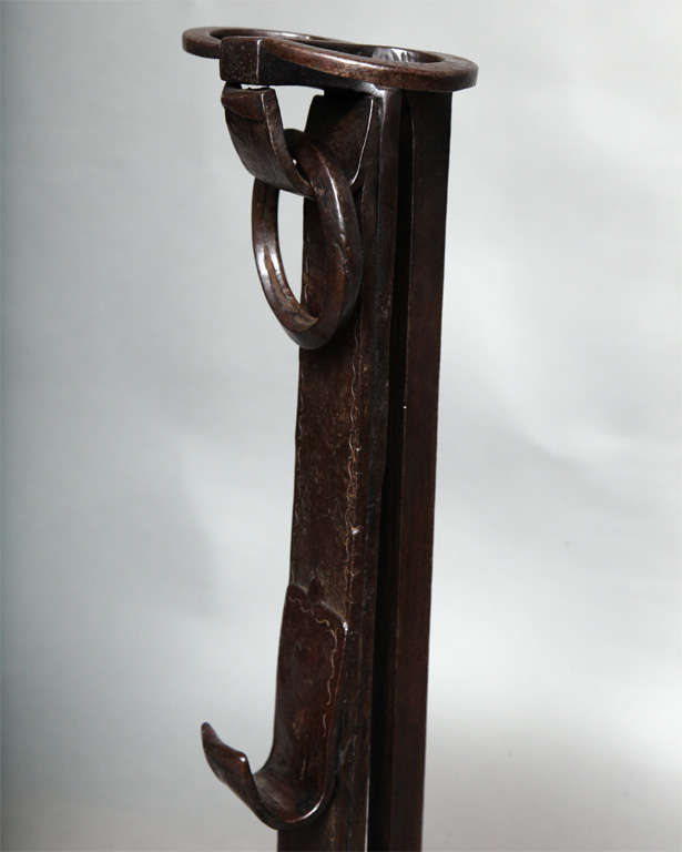 Wrought Iron A Monumental Pair of 18th c. Blacksmith-made Ram's Head Andirons