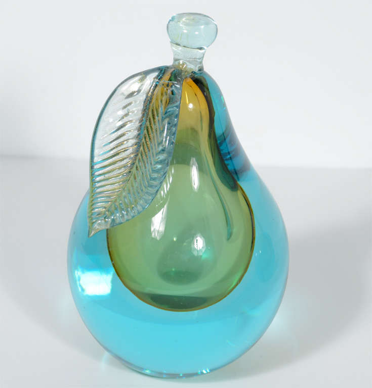 Mid-Century Modern Teal, Amber and Clear Hand Blown Murano Glass Pear and Peach