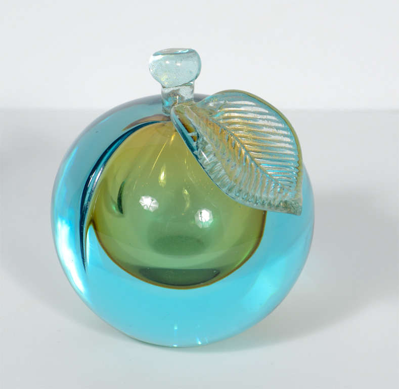 Italian Teal, Amber and Clear Hand Blown Murano Glass Pear and Peach