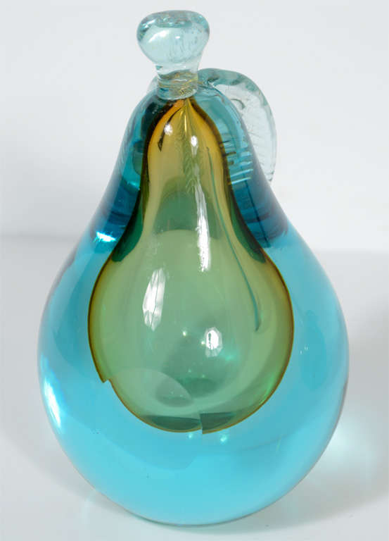 Mid-20th Century Teal, Amber and Clear Hand Blown Murano Glass Pear and Peach