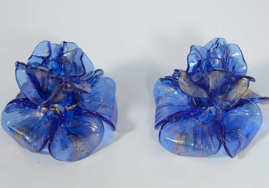 Stylized Flower Form Hand Blown Murano Glass Candle Holders