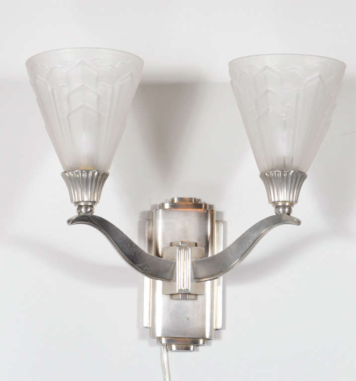 French Pair of Art Deco Skyscraper Style Sconces Signed by Muller Freres in Nickel