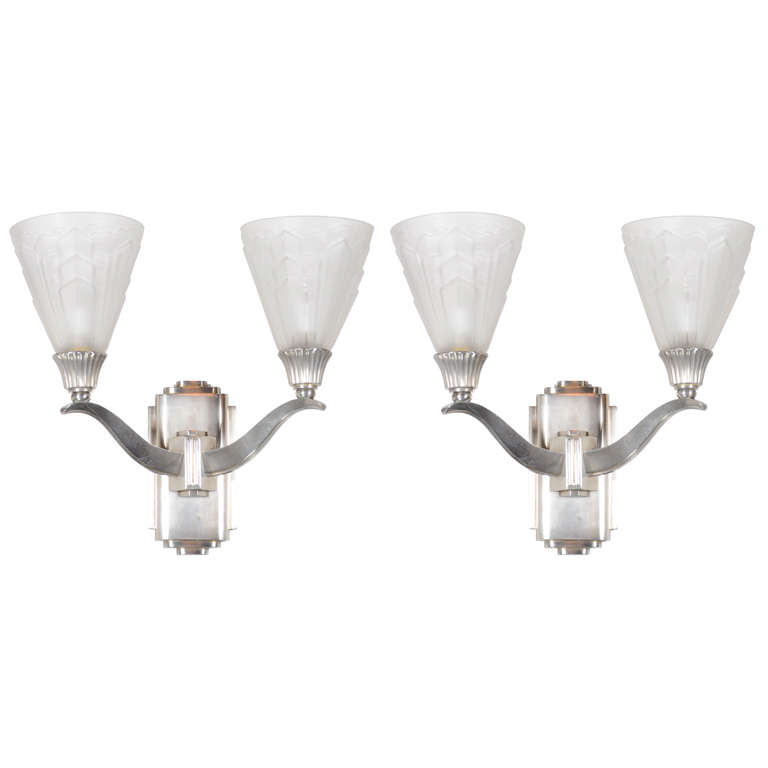 Pair of Art Deco Skyscraper Style Sconces Signed by Muller Freres in Nickel