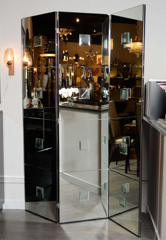 Set of Two paneled, beveled mirrored screens with antique mirror detail insets .  Each Panel:  80