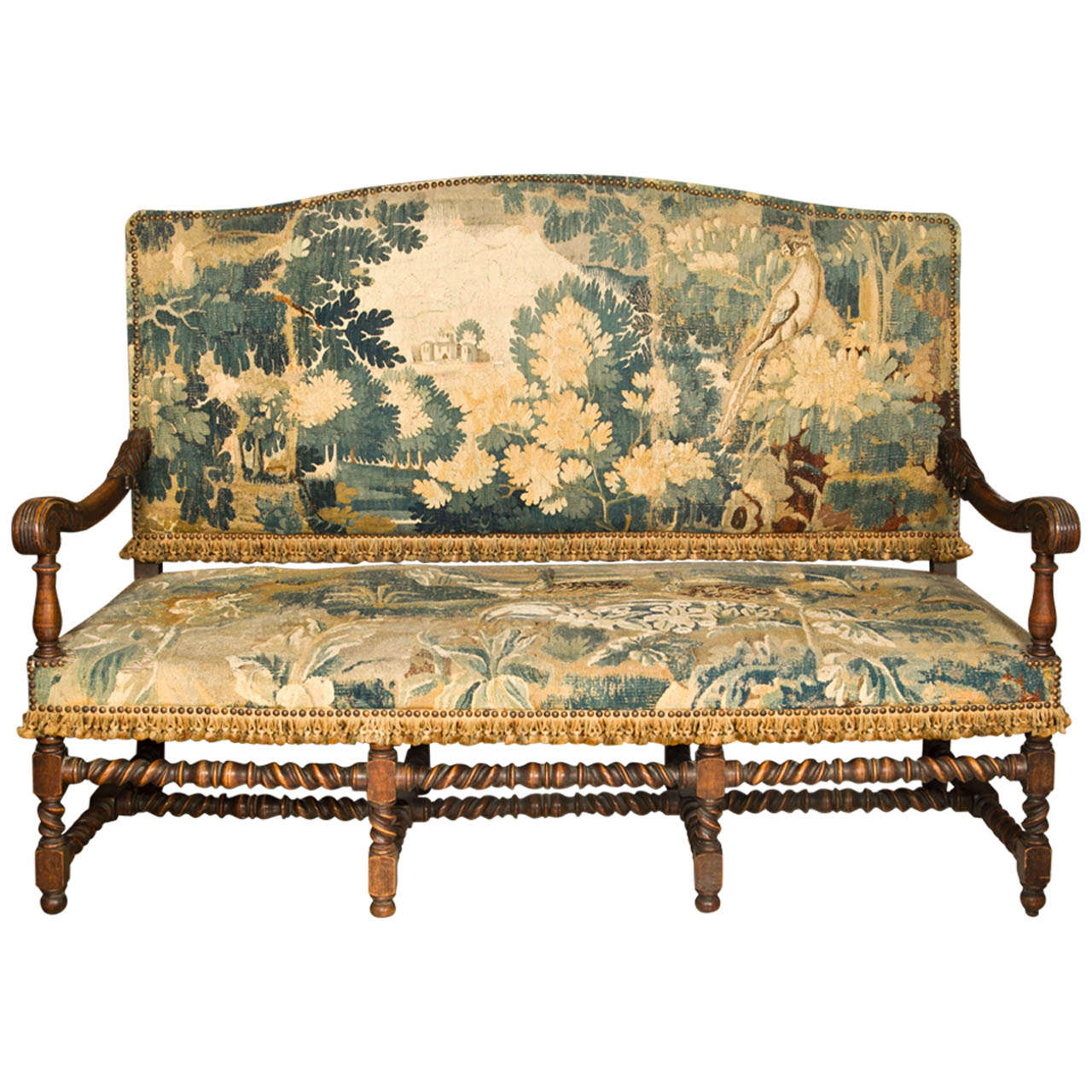19thc English Oak Hall Bench / Settee with Antique Tapestry at 1stDibs