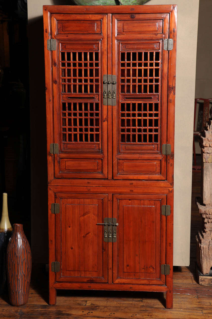 Tall 19th Century Chinese Kitchen Cabinet with Fretwork Upper Doors