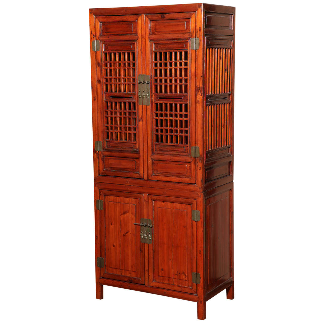 Tall 19th Century Chinese Kitchen Cabinet With Fretwork Upper Doors