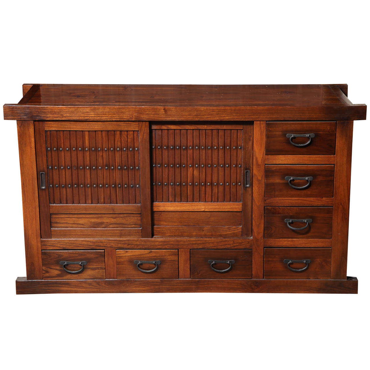 Japanese Meiji Period Brown Lacquered Tansu Sideboard with Doors and Drawers