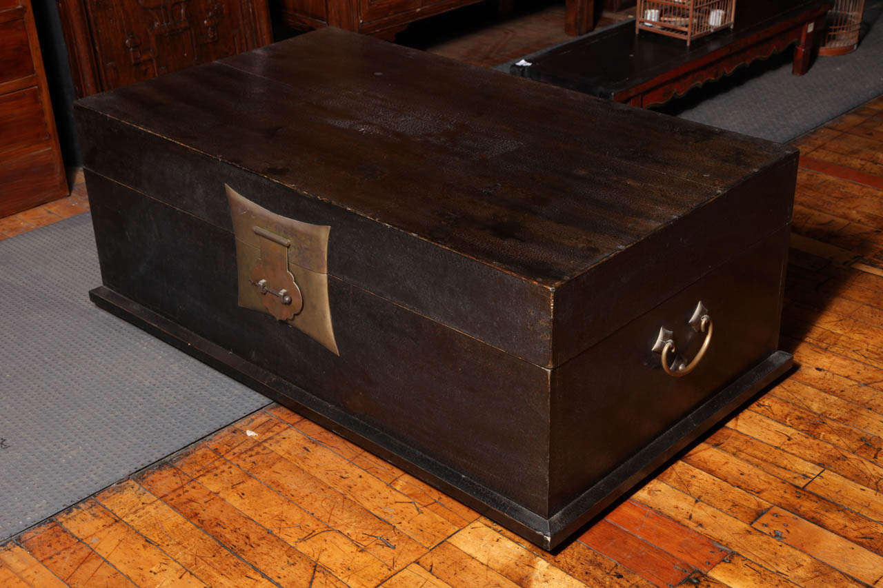 Antique Chinese low chest. Piece can be used as a coffee table. Features a large brass locking plate. Set of carrying handles on the ends.