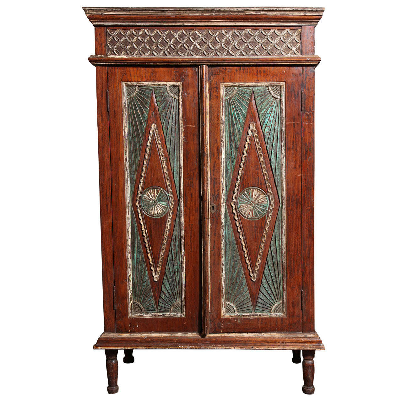 Early 20th Century Two-Door Painted Teak Javanese Cabinet with Diamond Patterns