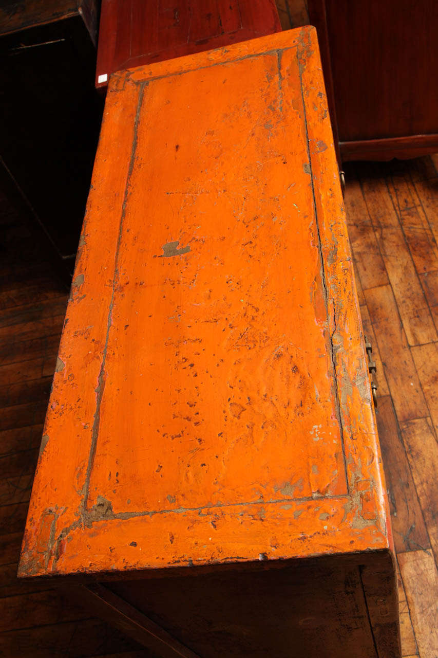 Antique Chinese Side Cabinet with Distressed Orange Lacquer 2