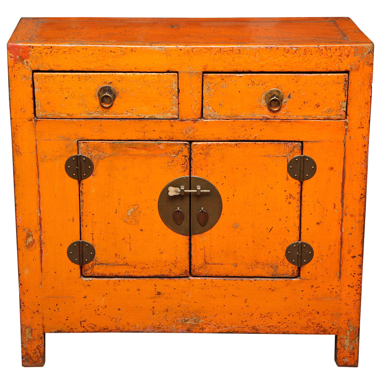Antique Chinese Side Cabinet with Distressed Orange Lacquer
