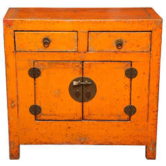 Antique Chinese Side Cabinet with Distressed Orange Lacquer