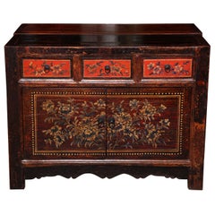 Antique Gansu Early 20th Century Painted Sideboard with Chinese Flower Patterns