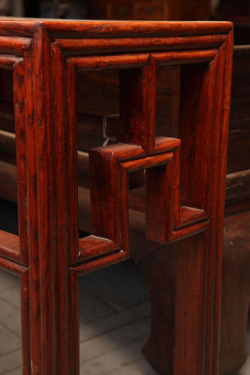 20th Century Antique Chinese Geometrical Design Long Elmwood Console Table, Early 1900s