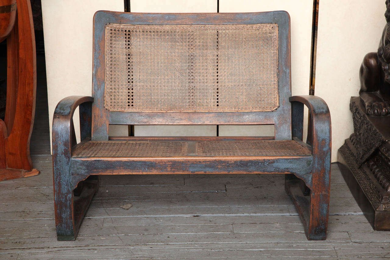 Teak settee and chair with woven rattan seat. Made in Burma (Myanmar) - Art Deco,, circa 1935. Available individual or as a set. Settee - 30 x 22 x 41