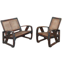 Burmese Art Deco Teak Settee and Chair