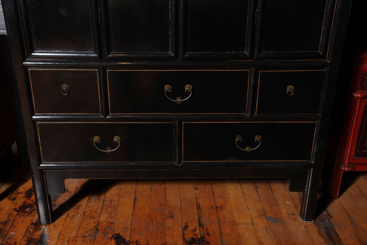 Other Elmwood Tall Double Door Black Lacquered Chest from China, 20th Century