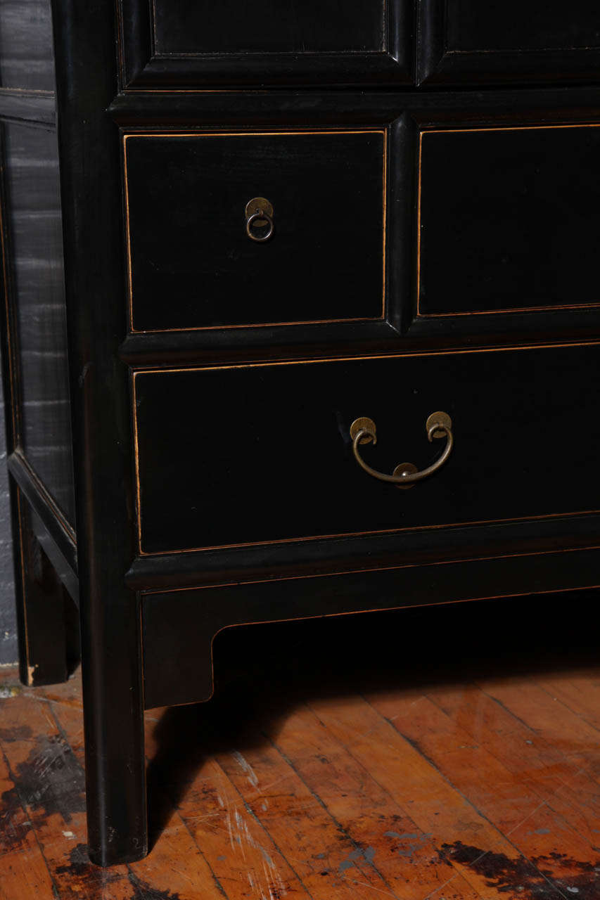 Chinese Elmwood Tall Double Door Black Lacquered Chest from China, 20th Century