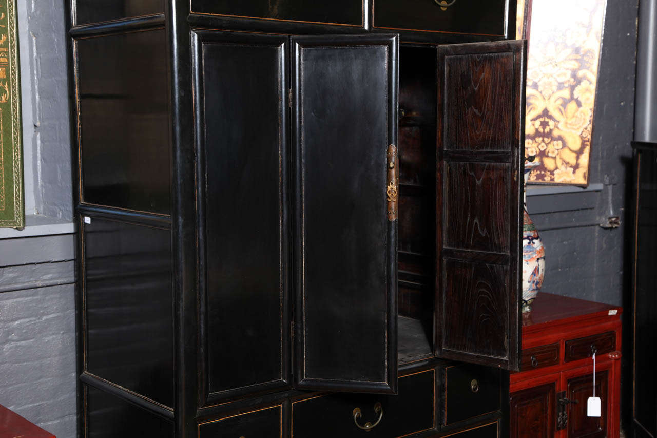 Elmwood Tall Double Door Black Lacquered Chest from China, 20th Century 2