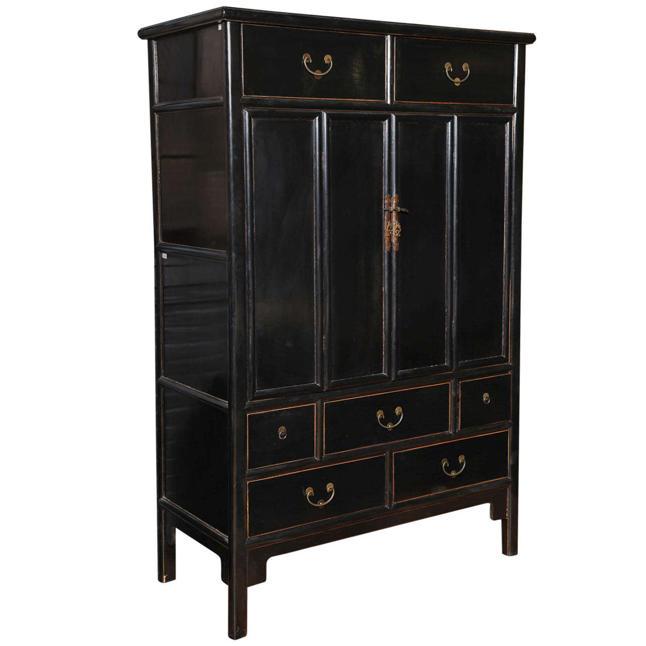 Elmwood Tall Double Door Black Lacquered Chest from China, 20th Century
