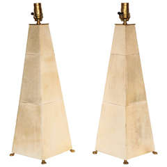 Pair Parchment Wrapped Obelisk Lamps with Gilt Metal Paw Feet