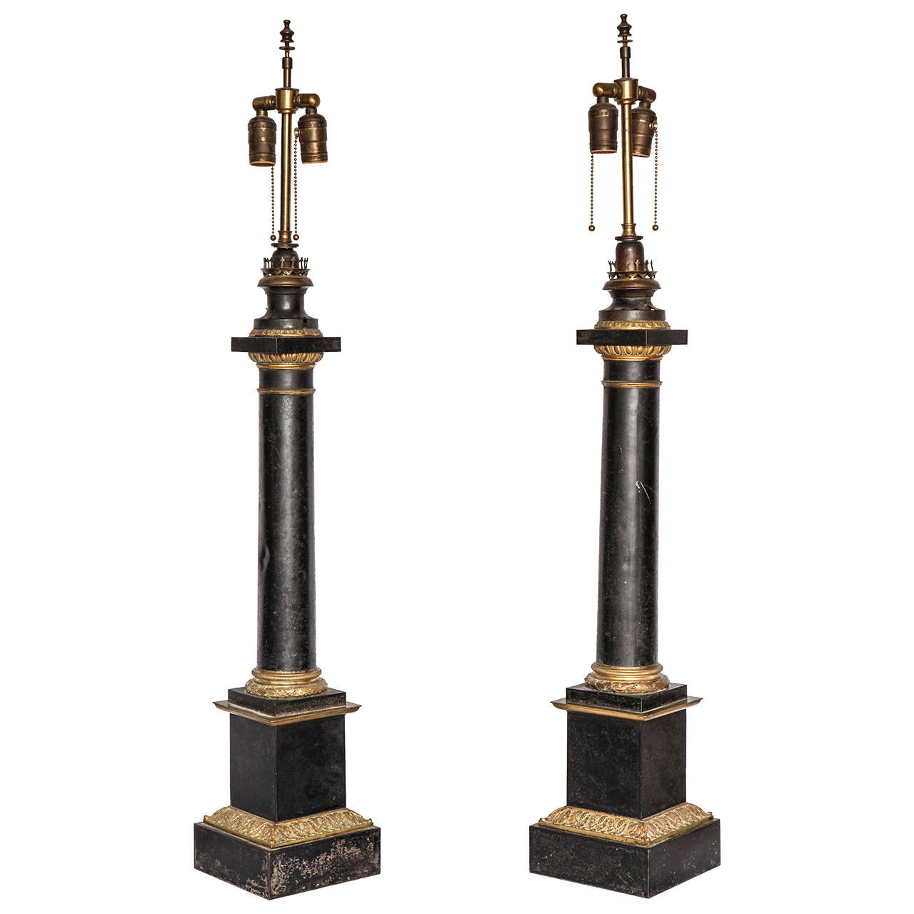 19th Century Pair of Gilt Patinated Metal Column Lamps