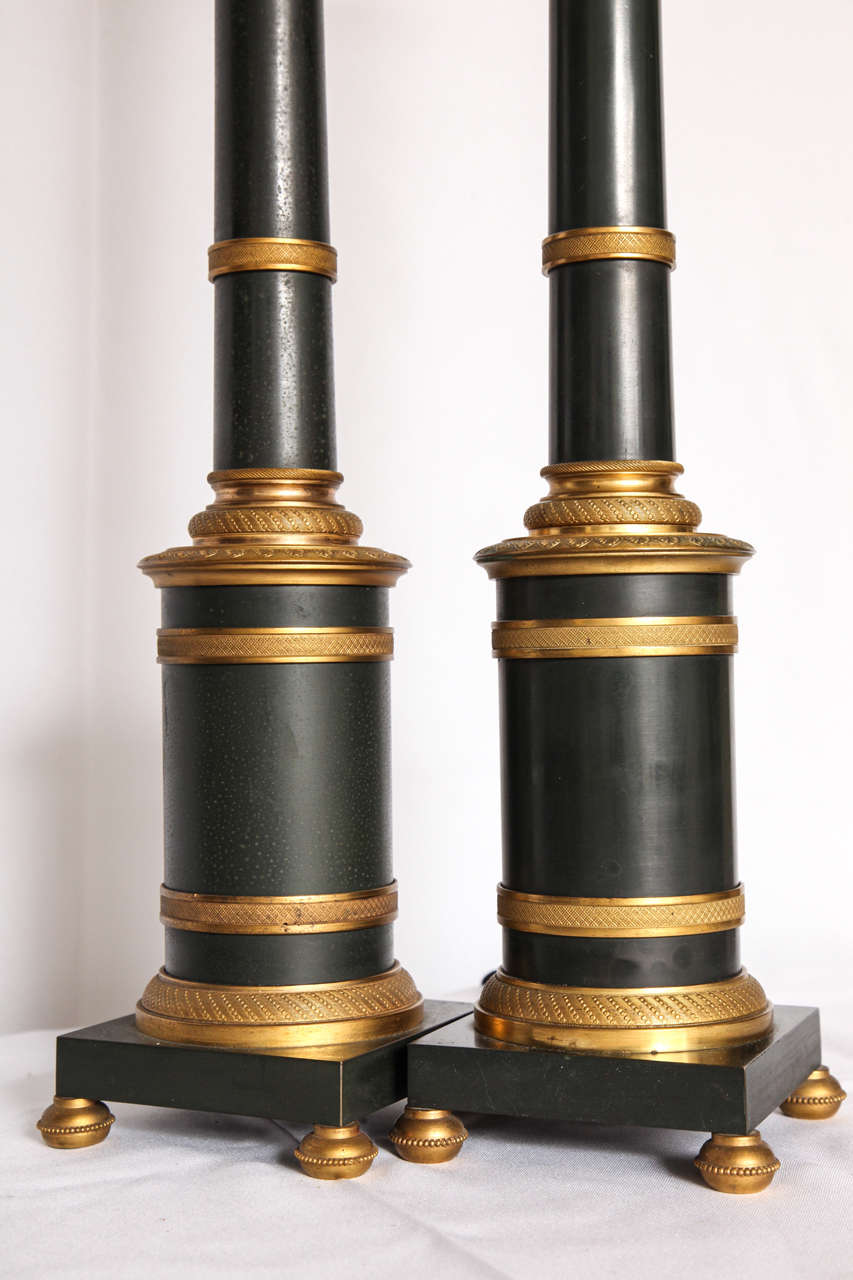 Pair of Gilt and Patinated Metal Banded Column Lamps 7