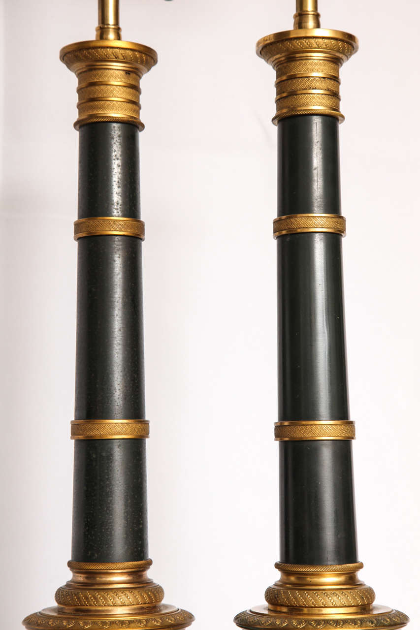 Pair of Gilt and Patinated Metal Banded Column Lamps 3