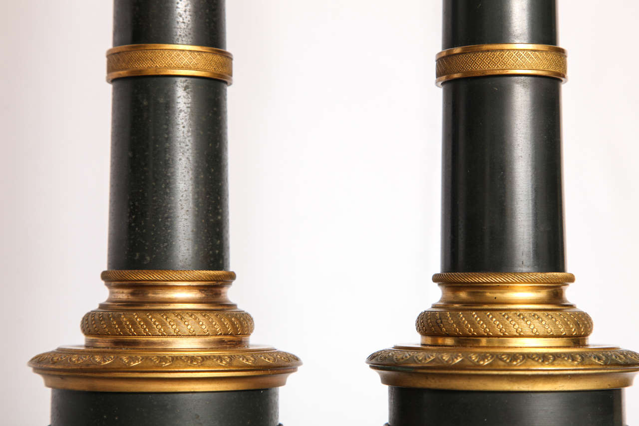 Pair of Gilt and Patinated Metal Banded Column Lamps 8