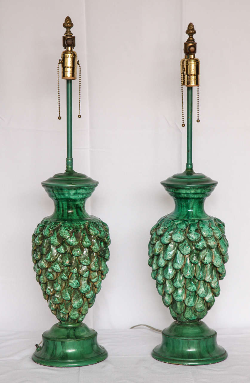 20th Century Pair of Italian Green Majolica Lamps