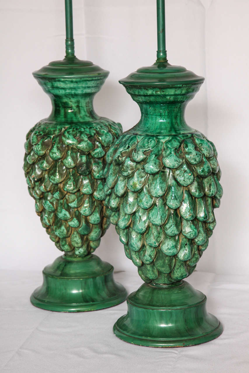 Pair of Italian Green Majolica Lamps 2