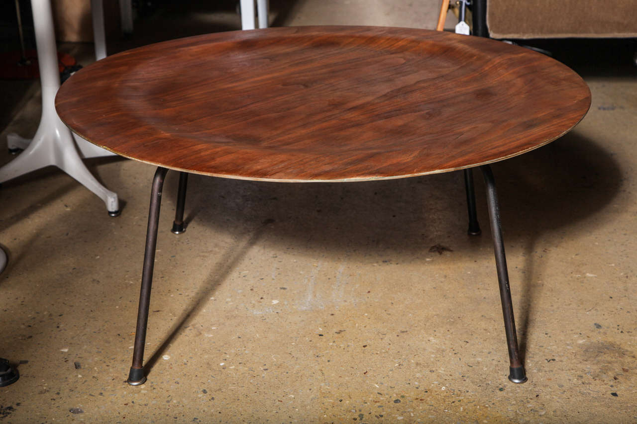 Original, rare, early production, Charles and Ray Eames for Herman Miller CTM Coffee Table, Game Table.  Featuring molded Walnut Tray Table Top on Black Wrought Iron legs.  Additional photographs available