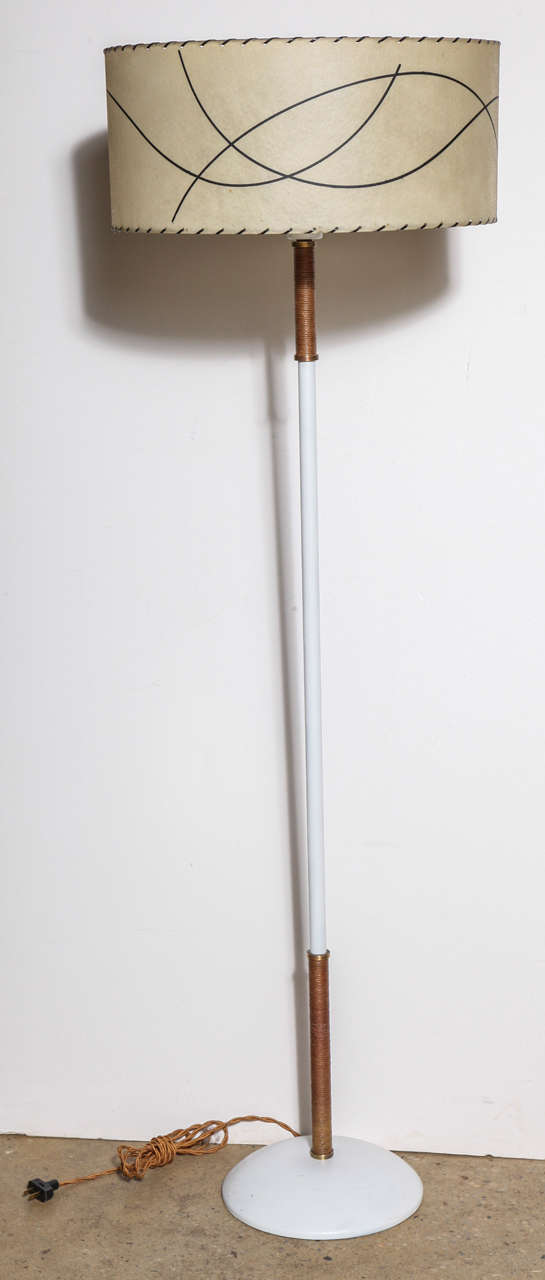 Enameled Russel Wright Style Raffia Wrapped White Floor Lamp with Glass Shade, 1950s For Sale