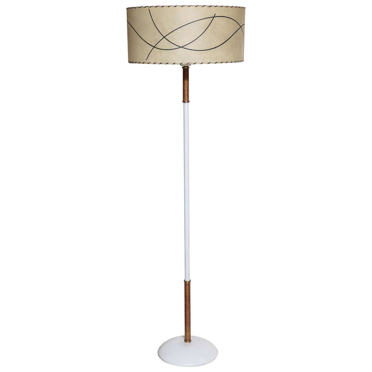 Russel Wright Style Raffia Wrapped White Floor Lamp with Glass Shade, 1950s For Sale