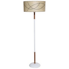 Russel Wright Style Raffia Wrapped White Floor Lamp with Glass Shade, 1950s