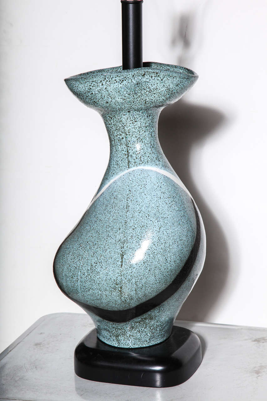 Mid-Century Modern Gilbert Valentin Les Archanges Blue Biomorphic Ceramic Table Lamp, 1950