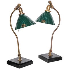 Antique Pair O. C. White Brass, Slate & Glass Articulating Table Lamps, 1890s FOR ASHISH