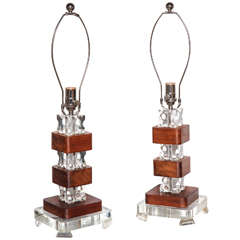 pair of American Modernist Lucite & Mahogany Lamps