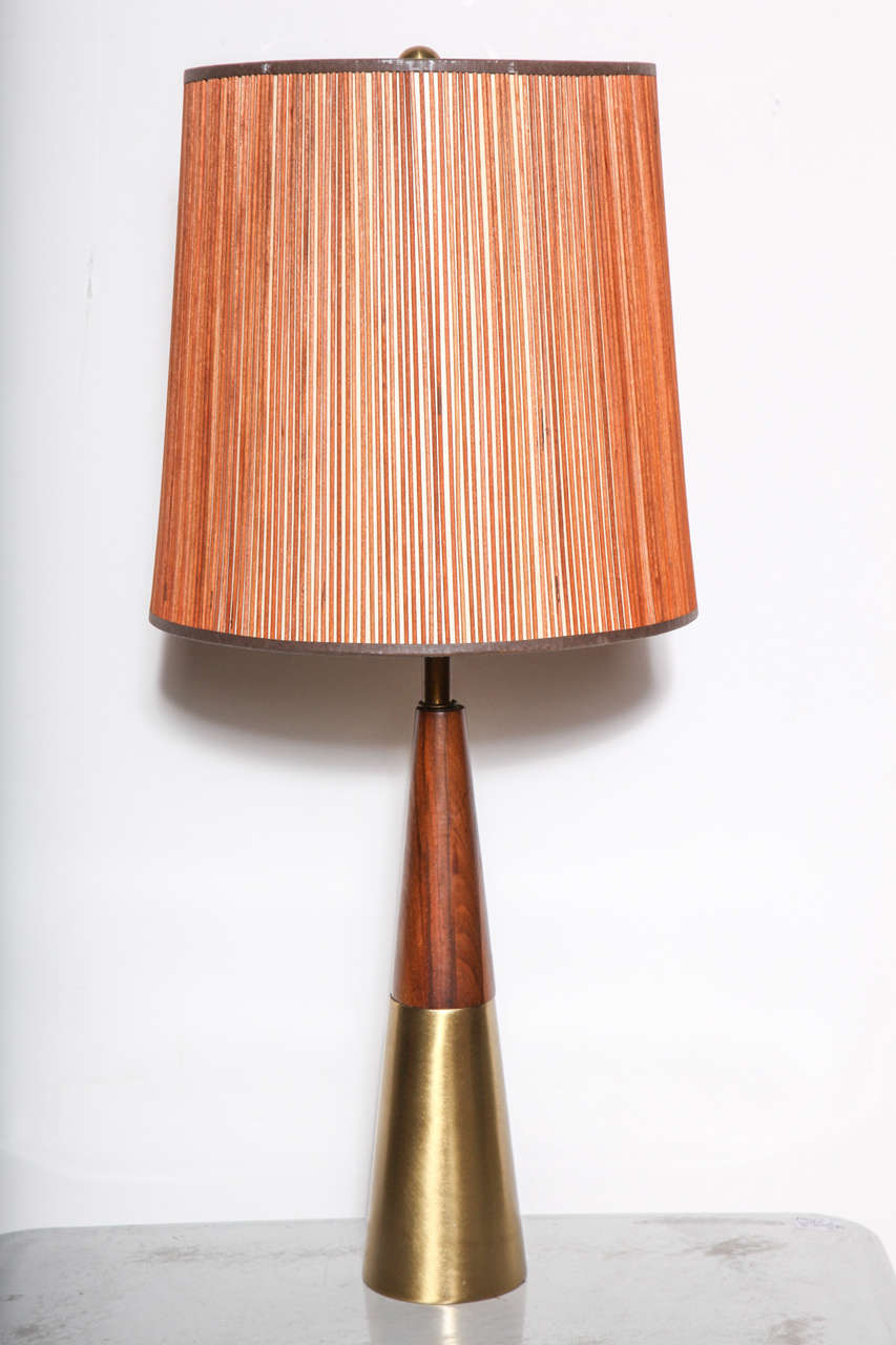 Mid-Century Modern Pair of 1950's Tony Paul for Westwood Walnut and Brass Conical Bedside Lamps