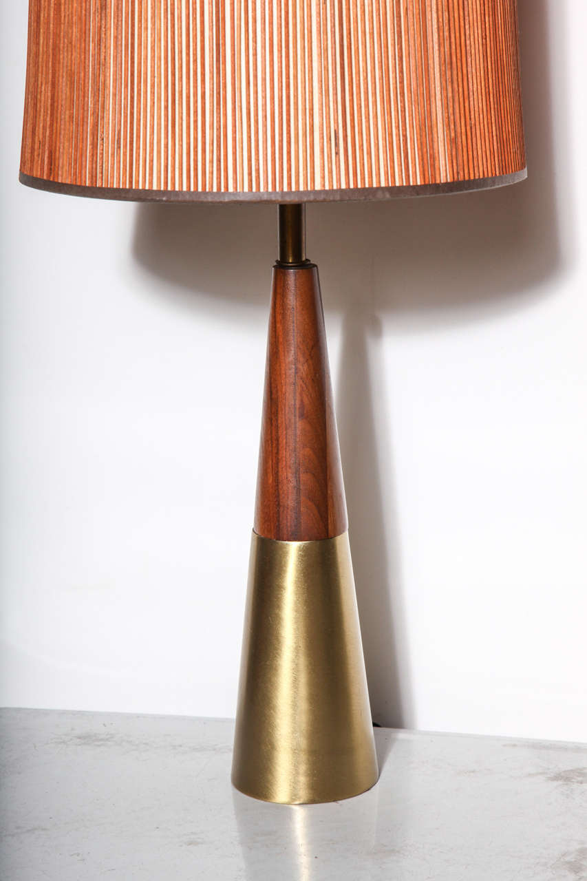 American Pair of 1950's Tony Paul for Westwood Walnut and Brass Conical Bedside Lamps
