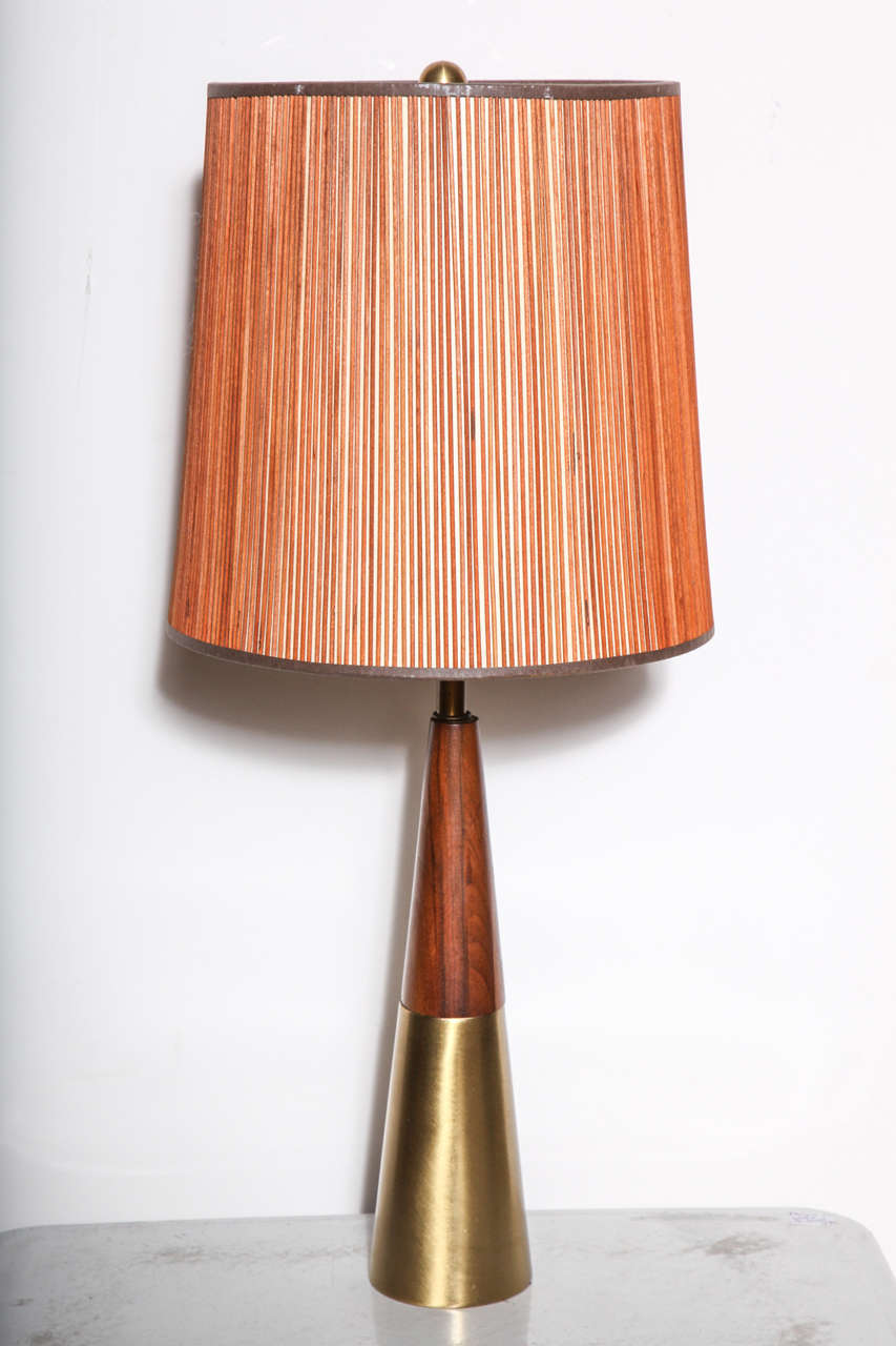 Pair of 1950's Tony Paul for Westwood Walnut and Brass Conical Bedside Lamps In Good Condition In Bainbridge, NY